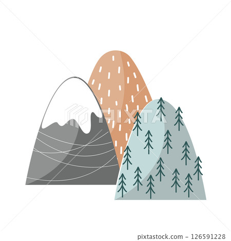 Cute hand drawn nursery poster with hand drawn mountains group. Vector illustration in Scandinavian style. 126591228
