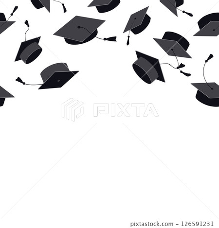 Festive seamless border frame with graduate hats in the air. Flying graduation caps background for graduation announcements, invitations, celebration designs. Vector illustration 126591231
