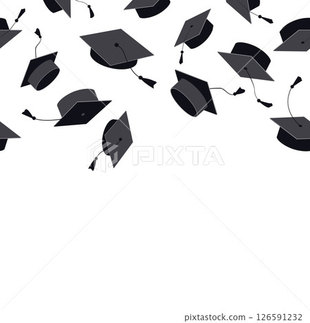 Festive seamless pattern with graduate hats in the air. Flying graduation caps background for graduation announcements, invitations, celebration designs. Vector illustration 126591232