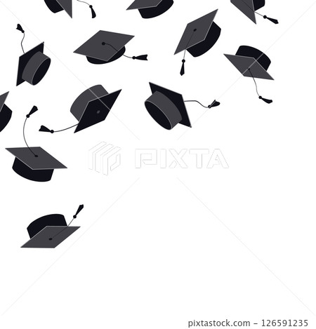 Festive corner frame with graduate hats in the air. Flying graduation caps background for graduation announcements, invitations, celebration designs. Vector illustration 126591235