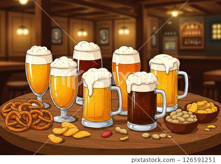 A cartoon illustration of a round wooden table filled with seven different beers and various snacks 126591251