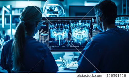 Dentist analyses a tooth X-ray holographic film. The concept of dental care, diagnostics, and precision in oral health treatment with modern technology. Generative AI. 126591526