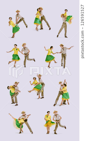 Collage. Energetic retro duo dancing with jumps lifts and playful steps in colorful outfits against white background. 126591527