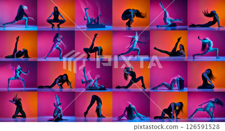 Vibrant collage. Female dancer expressing emotion and strength through floor choreography in vibrant neon light against purple-orange gradient background Vibrant collage. Female dancer expressing emotion and strength through floor choreography in vibrant neon light against purple-orange gradient background 126591528