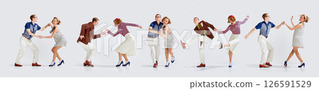 Collage. Retro swing dancers in colorful outfits performing joyful energetic steps and jumps in dynamic rhythm against white background Collage. Retro swing dancers in colorful outfits performing joyful energetic steps and jumps in dynamic rhythm against white background 126591529