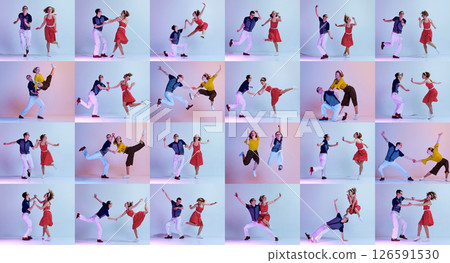 Conceptual collage. Youthful couple dancing swing in joyful jumps and retro styling full of energy against multicolored studio background. 126591530