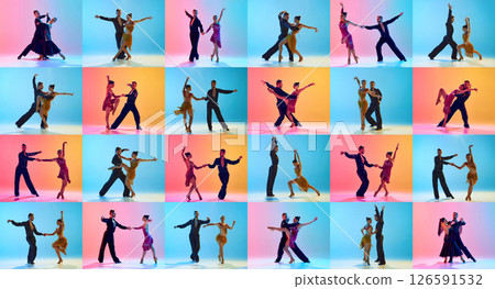 Creative mosaic. Elegant ballroom dancers in dramatic poses under neon lights performing tango moves against gradient backgrounds. 126591532
