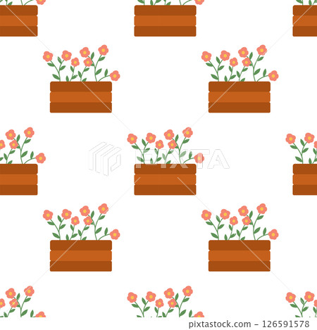 Seamless Pattern with Wood Box of Flowers. Garden background. Vector flat illustration. Seamless Pattern with Wood Box of Flowers. Garden background. Vector flat illustration. 126591578