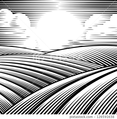 Rolling Hills Drawing In A Vintage Woodcut Style 126591638