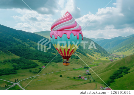 An ice cream-shaped hot air balloon flies over the mountains 126591691
