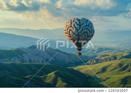 a hot air balloon in the shape of a brain over a mountainous area 126591697
