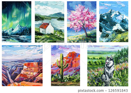 landscape painting set mountains forest cottage northern lights canyon cactus spring blossom sky nature oil textured art 126591843