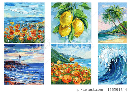 coastal summer oil painting collection with ocean waves flowers lighthouse lemons palm trees tropical beach sky bright coastal summer oil painting collection with ocean waves flowers lighthouse lemons palm trees tropical beach sky bright 126591844