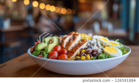 咖啡館裡色彩繽紛的科布沙拉午餐 |木桌 咖啡館裡色彩繽紛的科布沙拉午餐 |木桌 126591884