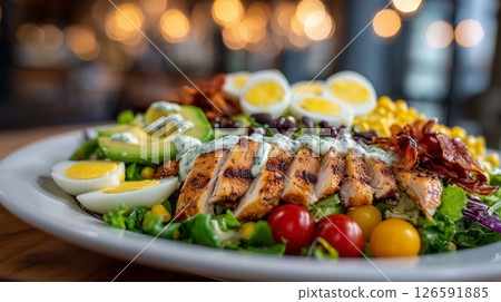 色彩繽紛的科布沙拉配烤雞 |溫暖的散景光 126591885