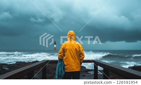 Person in raincoat facing stormy sea and lighthouse 126591954