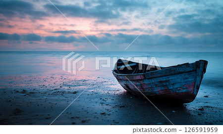 Abandoned boat on a misty beach at dawn 126591959