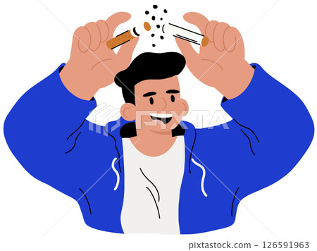 No Tobacco Day concept. A man breaks a cigarette, committing to quitting smoking for health. Positive lifestyle change. Vector illustration. No Tobacco Day concept. A man breaks a cigarette, committing to quitting smoking for health. Positive lifestyle change. Vector illustration. 126591963
