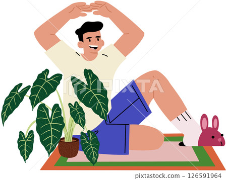Comfortable living space with joyful man making heart gesture. Indoor relaxation, love for the personal space. Vector illustration. 126591964