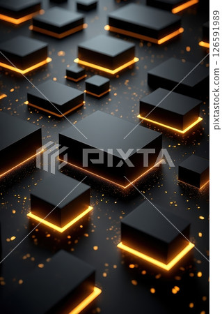 In a mesmerizing digital realm sleek black cubes float above a dark surface their edges illuminated with vibrant orange light casting a futuristic and captivating aura around them. 126591989