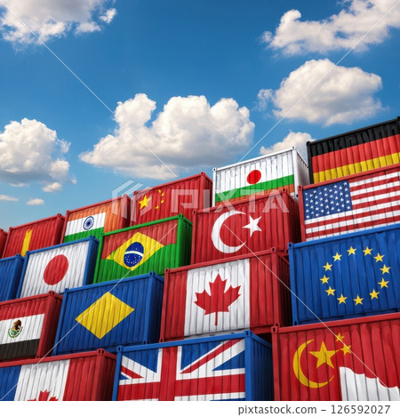Vibrant shipping containers stacked high display the flags of various countries under a backdrop of fluffy clouds and a clear blue sky symbolizing international trade and cooperation. 126592027