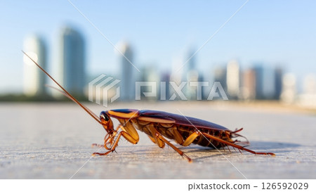 A cockroach wanders across the pavement with a city skyline in the backdrop during golden hour. The contrast of nature and urban life creates a vibrant setting for this encounter. 126592029