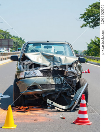 A silver vehicle with front-end damage sits on the roadside surrounded by orange cones and debris. Emergency responders assess the situation amidst clear blue skies. A silver vehicle with front-end damage sits on the roadside surrounded by orange cones and debris. Emergency responders assess the situation amidst clear blue skies. 126592043