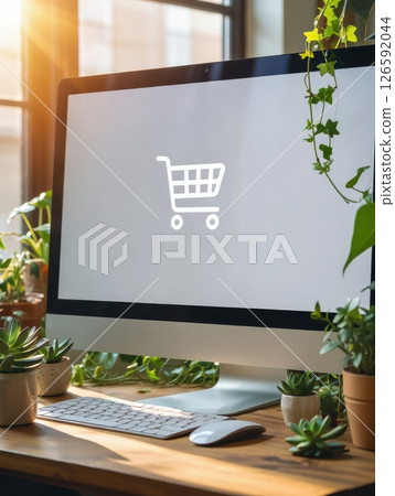 A bright indoor workspace features an elegant computer displaying a shopping cart icon surrounded by vibrant green plants. Sunlight streams in enhancing the cozy atmosphere. A bright indoor workspace features an elegant computer displaying a shopping cart icon surrounded by vibrant green plants. Sunlight streams in enhancing the cozy atmosphere. 126592044