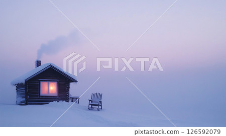Snowy cabin with warm light and pastel sky Snowy cabin with warm light and pastel sky 126592079