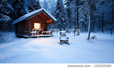 Snowy cabin with warm light and pastel sky Snowy cabin with warm light and pastel sky 126592080