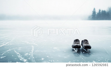 Ice skates on a frozen lake in a snowy landscape Ice skates on a frozen lake in a snowy landscape 126592081