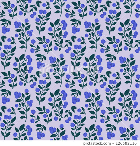 Ripe Blueberry Seamless Pattern with Branches, Berries, and Leaves on Light Purple Background. Juicy Bilberry Hand Drawn Endless Design for Fabric, Wrapping Paper, Kitchen Textile or Packaging Ripe Blueberry Seamless Pattern with Branches, Berries, and Leaves on Light Purple Background. Juicy Bilberry Hand Drawn Endless Design for Fabric, Wrapping Paper, Kitchen Textile or Packaging 126592116
