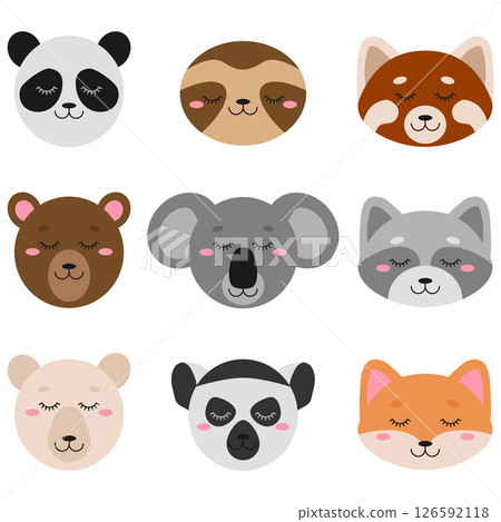 Cute Cartoon Animal Faces Collection. Sloth, Panda, Fox, Koala, Bear and More Adorable Jungle and Forest Creatures for Nursery Decor, Stickers, Baby Shower, Kids Room, and Education Design 126592118