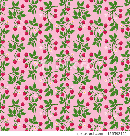 Ripe Raspberry Seamless Pattern with Branches, Berries, Flowers and Leaves on Light Pink Background. Juicy Fruit Hand Drawn Endless Design for Fabric, Wrapping Paper, Kitchen Textile or Packaging 126592121