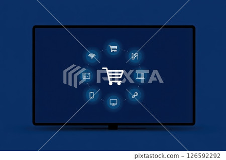 A vibrant display showcases a central shopping cart surrounded by various digital devices and services highlighting the interconnectedness of modern online shopping in a tech-savvy world. 126592292
