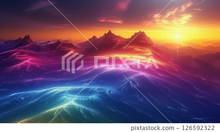 Vibrant shades of purple and orange blend in a mesmerizing sky as sunlight breaks over the horizon. This enchanting atmosphere brings a sense of calm and wonder to the landscape. 126592322