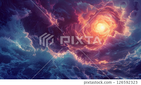 Bright sunlight breaks the horizon as colorful clouds swirl together creating a mesmerizing blend of deep purple and vibrant orange against a clear blue backdrop of morning. 126592323