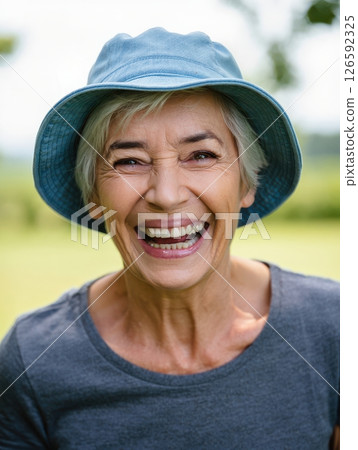 In a sunlit garden an elderly woman sports a cheerful smile while wearing a blue hat. Her joy radiates as she connects with the warmth of a beautiful day among lush greenery. In a sunlit garden an elderly woman sports a cheerful smile while wearing a blue hat. Her joy radiates as she connects with the warmth of a beautiful day among lush greenery. 126592325