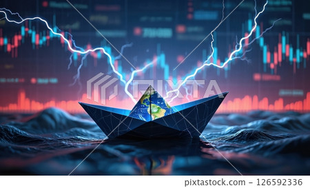 Brightly colored waves rise beneath a fragile paper boat as it bravely sails through a storm symbolizing the balance between risk and opportunity in the turbulent world of finance. 126592336