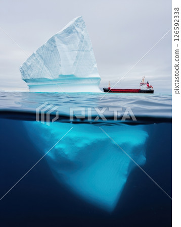 A massive iceberg rises above the calm surface of Arctic waters with a cargo ship gently navigating nearby. The soft morning light illuminates the scene creating a serene atmosphere. 126592338