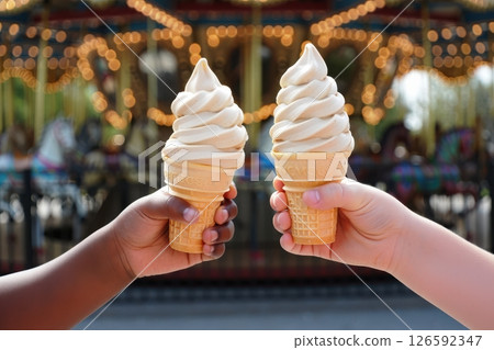 Two children hold ice cream cones with soft serve swirls smiling as they enjoy a bright day at the carnival. A colorful carousel spins in the background enhancing the joyful atmosphere. 126592347