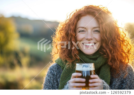 Cheerful redheaded woman  holding a glass of beer 126592379