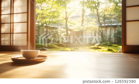 Japanese tatami room with open doors and a steaming cup 126592380