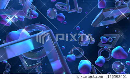 Sparkling glassmorphic 3D space with floating glass and fluid - dark blue 126592401
