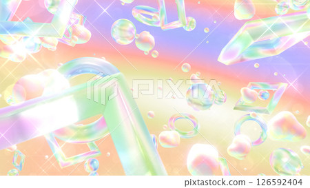 A glittering glassmorphic 3D space with floating glass and fluids - Rainbow 126592404