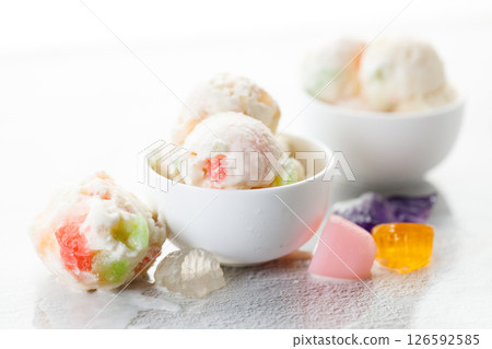 Milk yogurt and jelly ice cream in a white bowl. Milk yogurt and jelly ice cream in a white bowl. 126592585