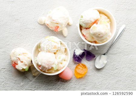 Milk yogurt and jelly ice cream in a white bowl. 126592590