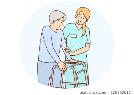 Woman caring for elderly human leaning on stilts for people with disabilities 126592612