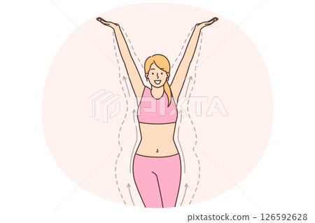 Slender woman standing among lines demonstrating figure before losing weight 126592628