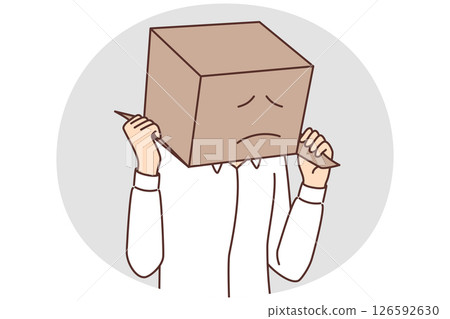 Man with cardboard box on head with painted sad face due problems with courier company Man with cardboard box on head with painted sad face due problems with courier company 126592630